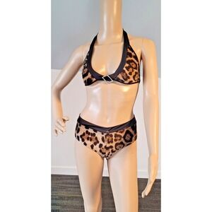 Woman Small Brown/Black‎ Leapard Stretch Bikini Rhinestone Buckle accent